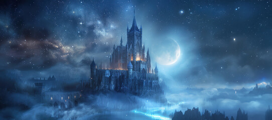 A castle is shown in the sky with a moon in the background