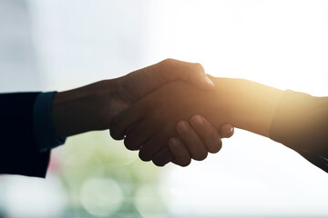Business people, hands and handshake with deal for partnership with lens flare, welcome and...