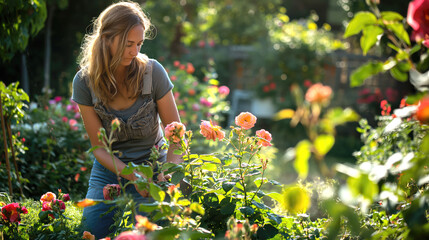 young woman in the garden pruning the roses in summertime - Powered by Adobe