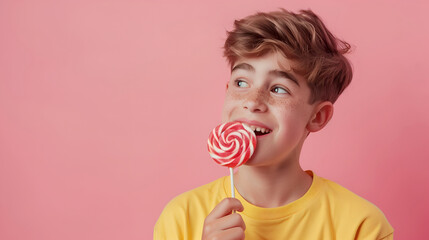 Caucasian young boy holding a lollipop isolated on pink background