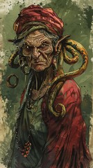 Naklejka premium Old witch woman with snakes in hair. character design watercolor and pencil. red gold green