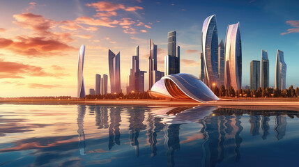 Sunset Reflections on Futuristic City Skyline