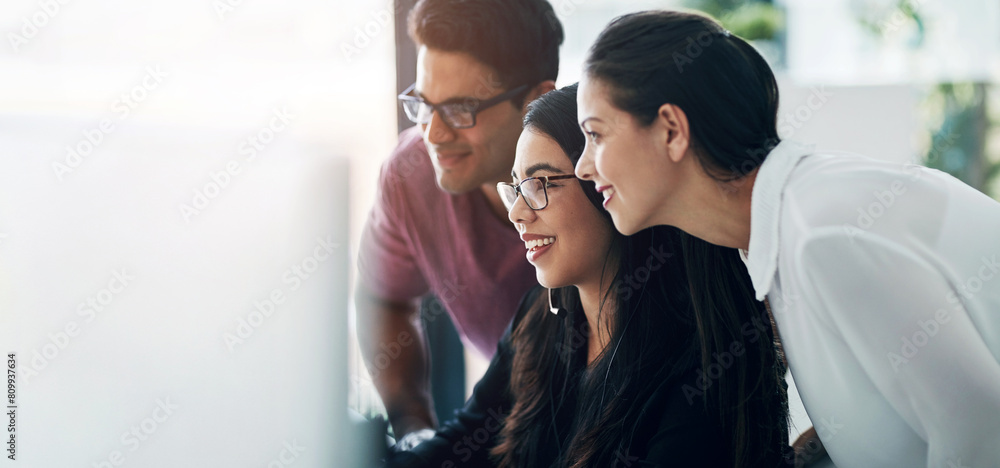 Poster computer, women and man in office with advice, problem solving and online proposal for business plan