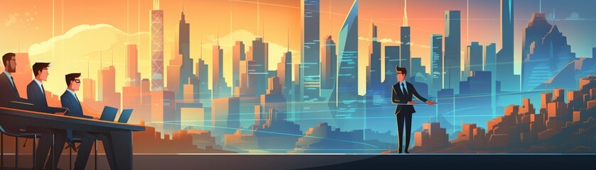 Obraz premium Cityscape with a group of people looking out at the view.