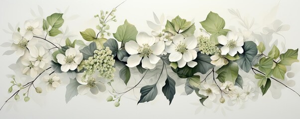 Fototapeta premium Minimalist composition of Angelica leaves and flowers, spread out on a pastel grey surface, focusing on the texture and organic patterns