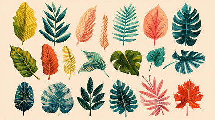 The image is a set of hand-drawn tropical leaves in a variety of colors