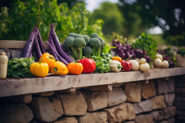 Fresh Organic Produce on Rustic Stone Wall Display