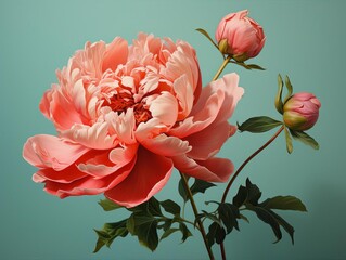 Vibrant peony in full bloom, its rich red petals contrasting beautifully against a simple, light pastel green background