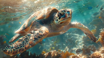 A curious sea turtle, swimming gracefully against a backdrop of coral reef, its shell glistening in the sunlight