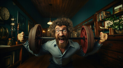 Funny Weak Man Struggles to Lift Heavy Weights in a Classic Styled Room