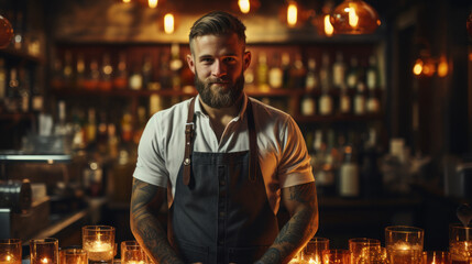 Fototapeta premium Confident Male Bartender Standing Behind Candlelit Bar in a Rustic Setting