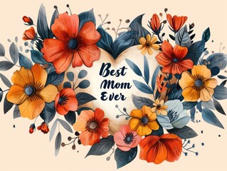 Flowers joining and making heart shape with text best mom ever on white background