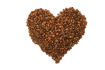 Coffee heart. Roasted coffee beans in the shape of heart on white background.