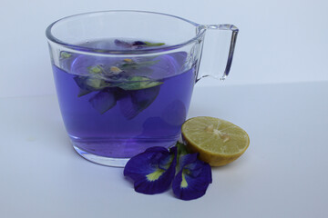 Brewed fresh butterflypea flower petals, or Clitoria ternatea tea. Purple color water. Inside transparent glass, isolated on white background