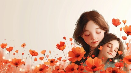Fototapeta premium Happy Mothers day floral design art minimal illustration mom with daughter