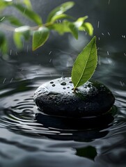 Zen Like Pack Shot of Gyokuro Leaf Floating on Smooth Black Stone with Rippling Water Backdrop