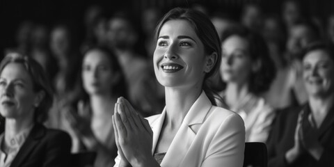 A woman clapping in front of a crowd, suitable for presentations and events