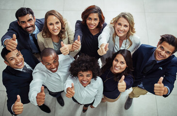 Business people, happy and portrait of group with thumbs up in office for recruitment, onboarding...