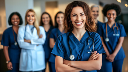 Multiethnic smiling healthcare workers with arms folded at a clinic
