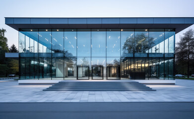 Elegant Modern Glass Building Facade at Twilight