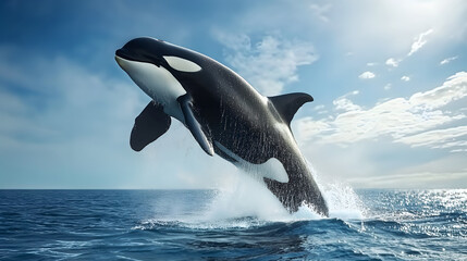 Obraz premium A magnificent killer whale jumping over the blue sea surface