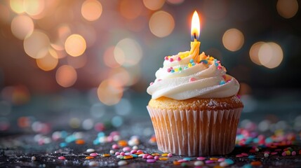 Birthday cupcake with candle. AI generated