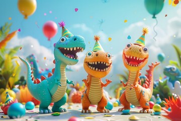 A colorful illustration of a cute dinosaur, with dinosaurs wearing party hats, celebrating a kids birthday. AI generated