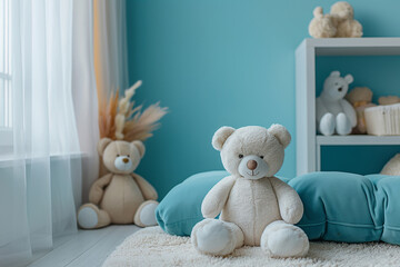 Boy's blue bedroom with big teddy bear