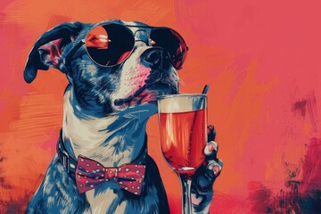 A fun illustration of a dog wearing sunglasses and a bow tie, hilariously attempting to drink a sophisticated cocktail. AI generated
