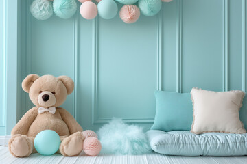 Boy's blue bedroom with big teddy bear