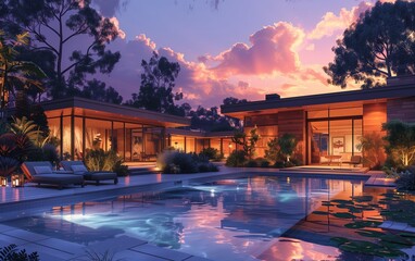 Mid-century modern home, nighttime, pool in foreground