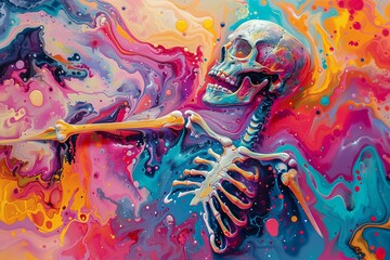 A psychedelic art piece showing a human skeleton, with bones melting into vivid, flowing colors. AI generated