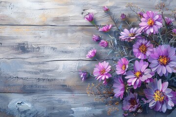A rustic American style watercolor painting featuring a cluster of purple asters, with a focus on texture and detail, against a gray wooden backdrop. AI generated