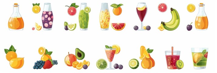 Obraz premium Fruit icons set, juice symbols, surreal design elements, fruit stickers, cherry, citrus logo designs