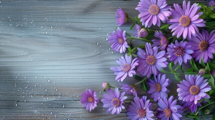 A rustic American style watercolor painting featuring a cluster of purple asters, with a focus on texture and detail, against a gray wooden backdrop. AI generated