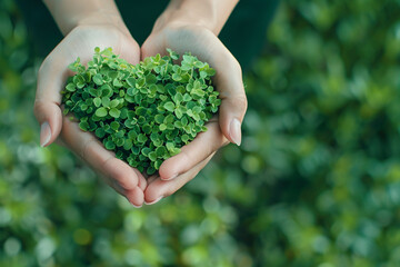 Love for the environment hands gently cradling a heart-shaped plant