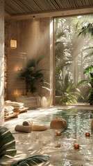 Inviting spa setting with candles and lush greenery, capturing a serene wellness ambiance