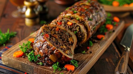 Scottish Haggis Served with Vegetables. A Traditional Dish of Minced Organ Meat - Liver and Lung.