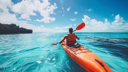 A person in an orange kayak paddling in the vast ocean waters on a sunny day.