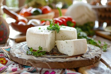 Savor the Freshness of Traditional Mexican Panela Cheese: Rustic Table with Sliced White Cheese,