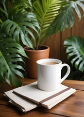 A white coffee mug on a wooden table, surrounded by lush green tropical leaves