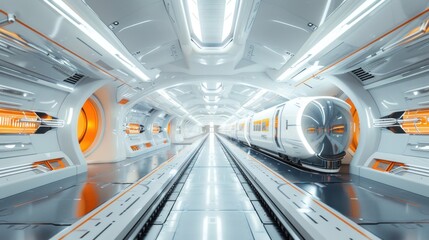 A futuristic train station with a train in the middle of the station - Powered by Adobe