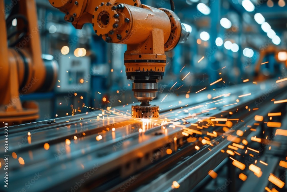Poster a robotic arm performs precise cutting of metal, sparking intensely in an industrial setting