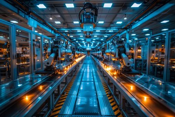 Fototapeta premium Parallel robotic arms work simultaneously on a brightly lit, high-tech automated assembly line