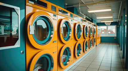 Sleek Laundromat Interior with Modern Orange Machines