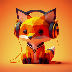 Low poly art red fox wearing headphones vibin to music