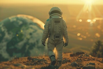 Obraz premium In a warm, sunlit scene, an astronaut looks out across a landscape to a large and prominent Earth on the horizon
