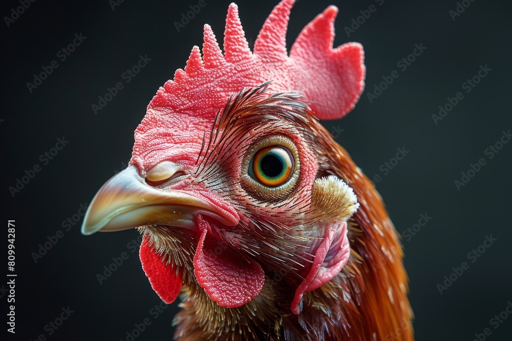 Poster macro shot capturing the intricate details and vivid colors of a chicken's face, highlighting the be