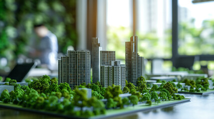 Scale model for modern, new green city buildings in blurred background. Real estate developers, architects behind business buildings model. Real estate development concept.