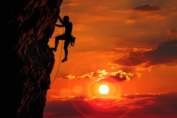 Mountain Challenge at Sunrise: Silhouette of Men Climbing Cliff Face